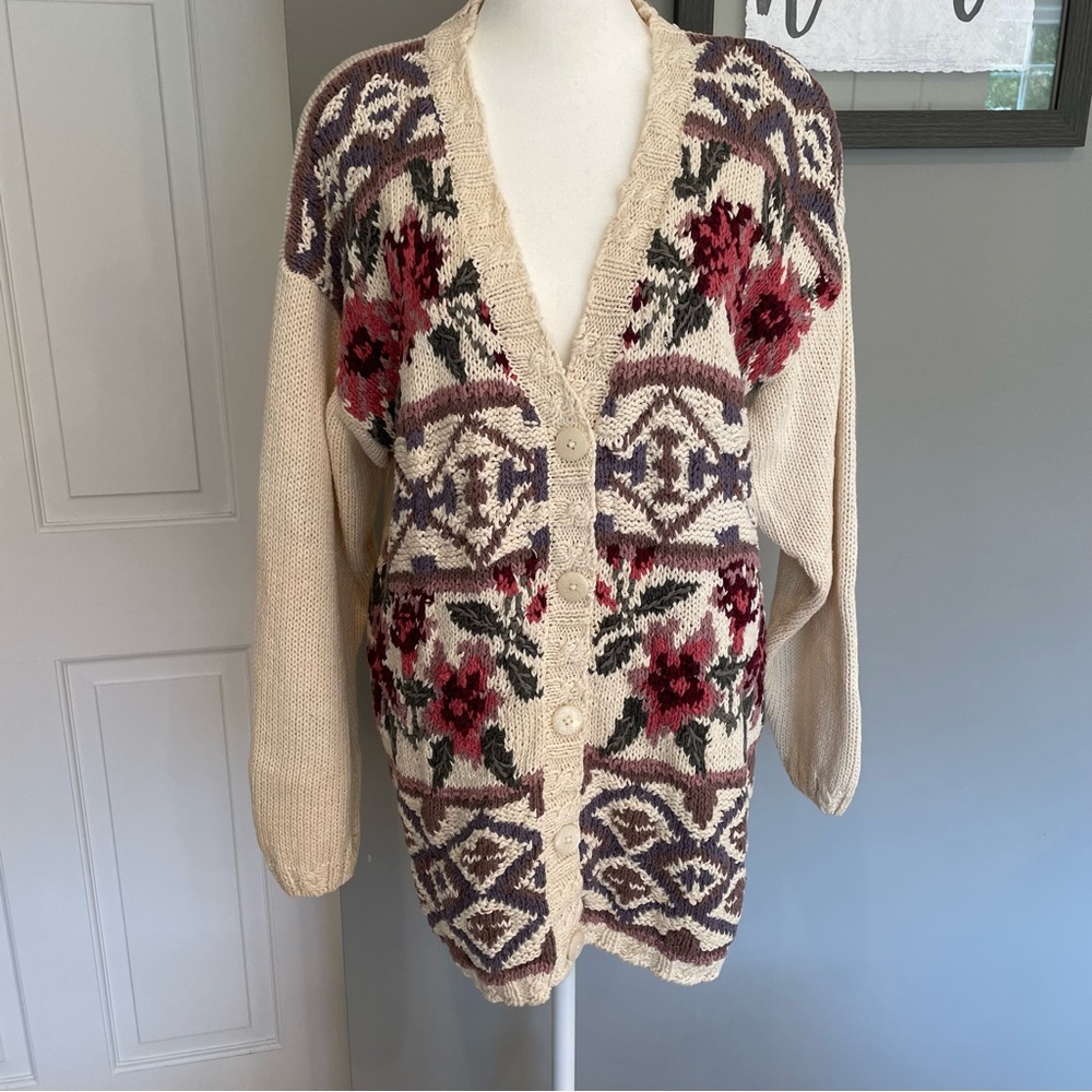 jennifer & company Chunky Knit Button-Down V-Neck Cardigan Cream & Flowers Sz M